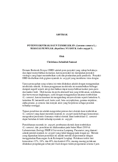 Potensi Ekstrak Daun Tembelekan Lantana Camara L Sebagai Penolak