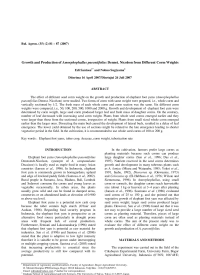 Growth And Production Of Amorphophallus Paeoniifolius Dennst Nicolson