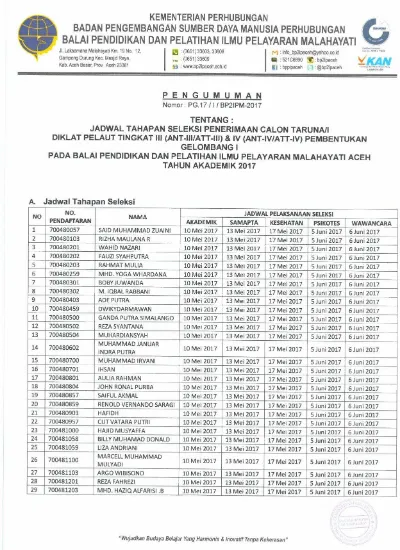 Pengumuman Jadwal Tahapan Seleksi Penerimaan Calon Taruna Gel I