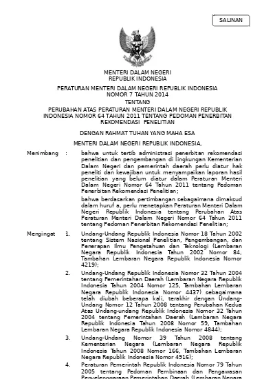 Permendagri Nomor 7 Tahun 2014 Tentang Perubahan Atas Permendagri Nomor