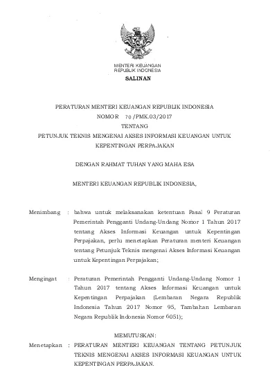 Peraturan Menteri Keuangan Republik Indonesia Nomor 70 PMK 03 2017