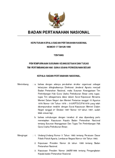 Keputusan Kepala Bpn Nomor 17 Tahun 1990 Ttg Penyempurnaan Susunan Tim