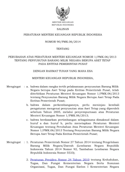 PMK 90 2014 Perubahan Pmk 1 2013 Penyusutan BMN Pada Entitas Pemerintah