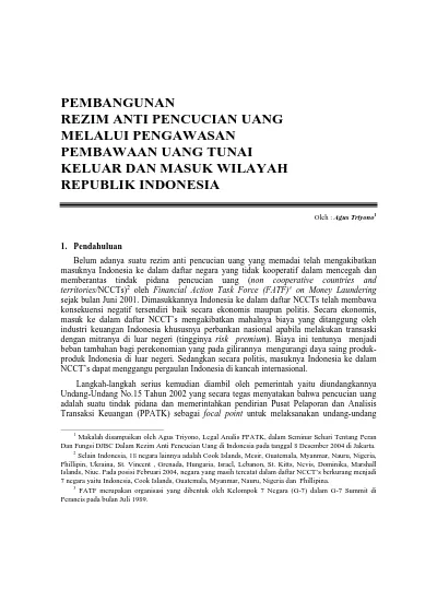 PEMBANGUNAN REZIM ANTI PENCUCIAN UANG MELALUI PENGAWASAN PEMBAWAAN UANG