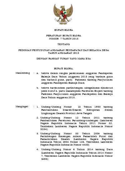 BUPATI BLORA PERATURAN BUPATI BLORA NOMOR 7 TAHUN 2015 TENTANG PEDOMAN