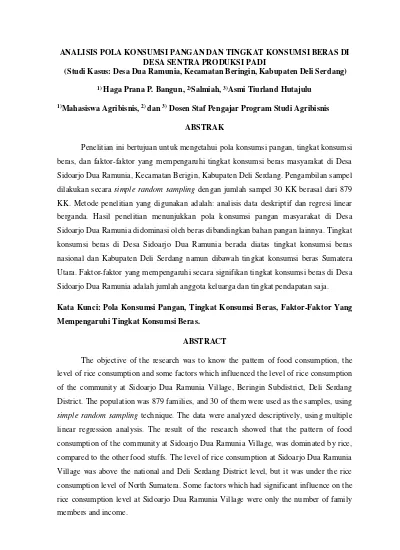 Analisis Pola Konsumsi Pangan Dan Tingkat Konsumsi Beras Di Desa Sentra