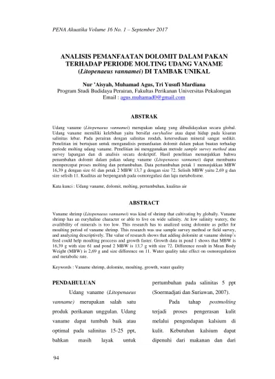 Analisis Pemanfaatan Dolomit Dalam Pakan Terhadap Periode Molting Udang