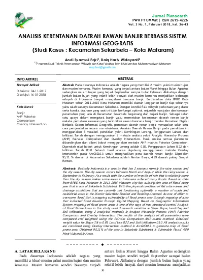 Analisis Kerentanan Daerah Rawan Banjir Berbasis Sistem Informasi