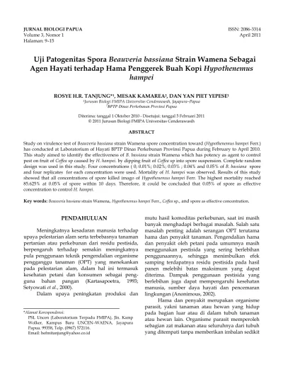 Uji Patogenitas Spora Beauveria Bassiana Strain Wamena Sebagai Agen