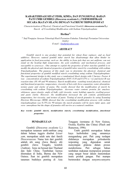 KARAKTERISASI SIFAT FISIK KIMIA DAN FUNGSIONAL BAHAN PATI UMBI