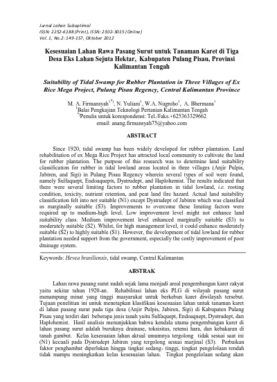 Kesesuaian Lahan Rawa Pasang Surut Untuk Tanaman Karet Di Tiga Desa Eks