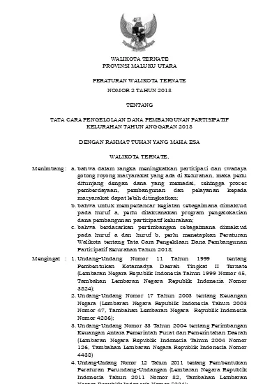 WALIKOTA TERNATE PROVINSI MALUKU UTARA PERATURAN WALIKOTA TERNATE NOMOR