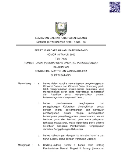 LEMBARAN DAERAH KABUPATEN BATANG NOMOR 16 TAHUN 2000 SERI D NO 16