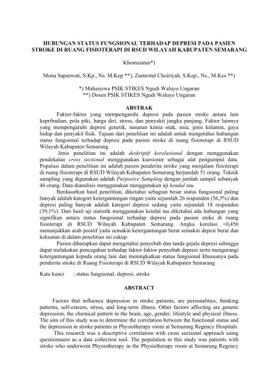 HUBUNGAN STATUS FUNGSIONAL TERHADAP DEPRESI PADA PASIEN STROKE DI RUANG