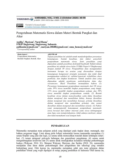 Pengetahuan Matematis Siswa Dalam Materi Bentuk Pangkat Dan Akar