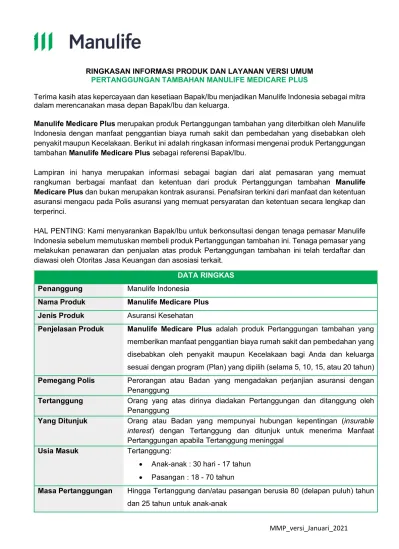 Top Pdf Ringkasan Informasi Produk Dan Layanan Versi Umum Manulife