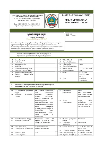 FAKULTAS EKONOMI UNSIQ SURAT KETERANGAN PENDAMPING IJAZAH