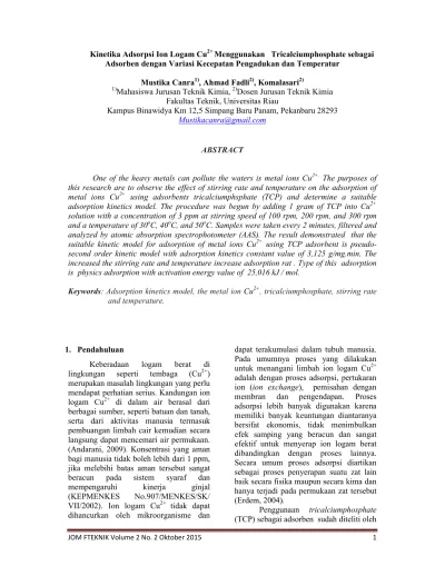 Kinetika Adsorpsi Ion Logam Cu 2 Menggunakan Tricalciumphosphate