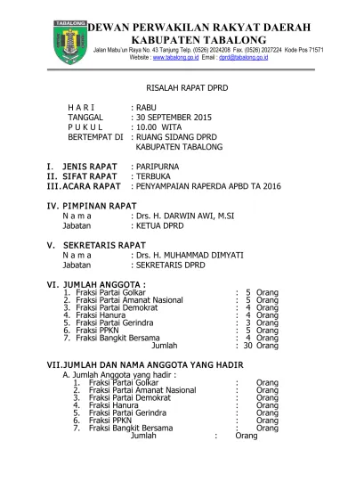 Risalah Rapat Dprd I Jenis Rapat Paripurna Ii Sifat Rapat Terbuka