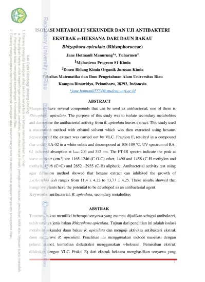 ISOLASI METABOLIT SEKUNDER DAN UJI ANTIBAKTERI EKSTRAK N Heksana DARI