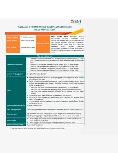 RINGKASAN INFORMASI PRODUK DAN LAYANAN VERSI UMUM SOLUSI PROTEKSI SEHAT