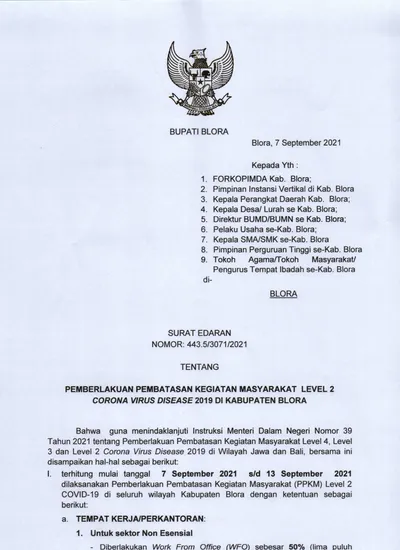 Bupati Blora Di Surat Edaran Nomor Tentang