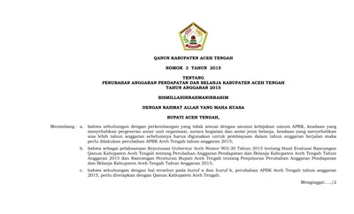 QANUN KABUPATEN ACEH TENGAH NOMOR 3 TAHUN 2015 TENTANG PERUBAHAN