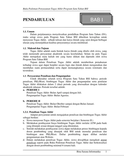 Buku Pedoman Penyusunan Tugas Akhir Program Satu Tahun Bsi