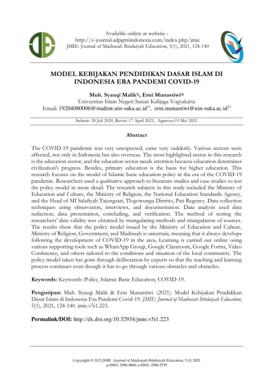 Model Kebijakan Pendidikan Dasar Islam Di Indonesia Era Pandemi Covid