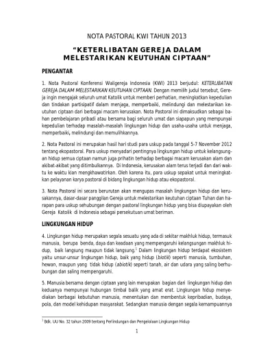 Nota Pastoral Kwi Tahun Keterlibatan Gereja Dalam Melestarikan