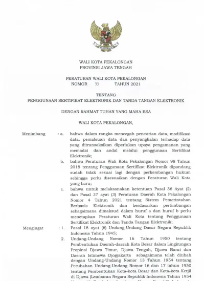 WALI KOTA PEKALONGAN PROVINSI JAWA TENGAH PERATURAN WALI KOTA