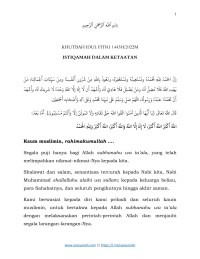 KHUTBAH IDUL FITRI 1443H 2022M ISTIQAMAH DALAM KETAATAN