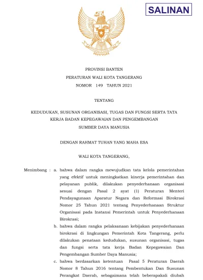 Provinsi Banten Peraturan Wali Kota Tangerang Nomor Tahun Tentang