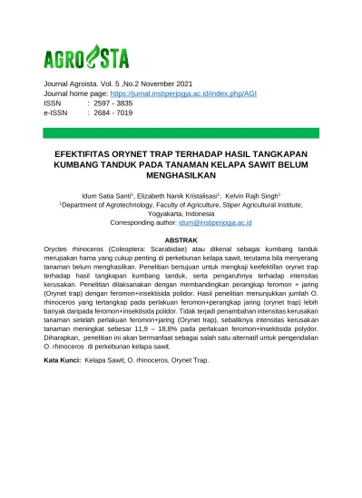 Efektifitas Orynet Trap Terhadap Hasil Tangkapan Kumbang Tanduk Pada