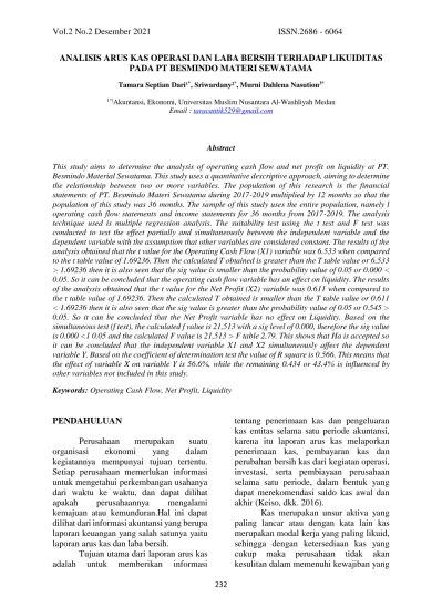 Vol No Desember Issn Analisis Arus Kas Operasi Dan Laba Bersih
