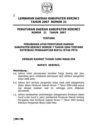 LEMBARAN DAERAH KABUPATEN KERINCI TAHUN 2007 NOMOR 21 PERATURAN DAERAH