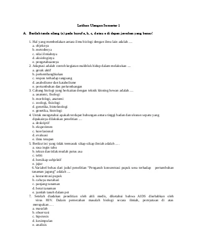 Soal Ukk Uas Smp Dan Sma Contoh Kunci Biologi Uts X