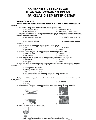 Soal Soal Ukk Semester 2 Kelas 5 Sd Mi Tahun Pelajaran 2016 2017 Ipa Kelas 5