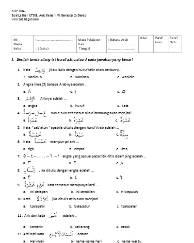 Soal Ujian Bahasa Arab Mengenai Bilangan Angka Dan Jawaban Darma Soal