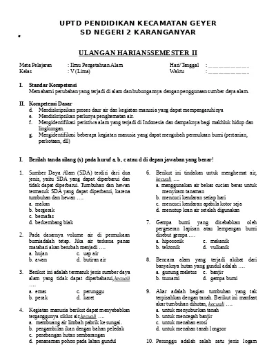 Ulangan Umum Sd Semester Ii Tahun Pelaja