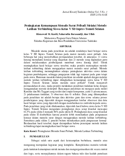 Peningkatan Kemampuan Menulis Surat Pribadi Melalui Metode Latihan Terbimbing Siswa Kelas V Sd Inpres Tomoli Selatan Kasili Jurnal Kreatif Tadulako Online 3833 12156 1 Pb