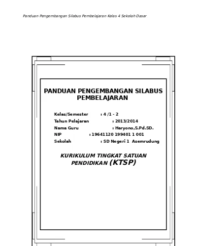 1 Panduan Silabus Dan Pemetaan Sk Kd Kls Iv Doc