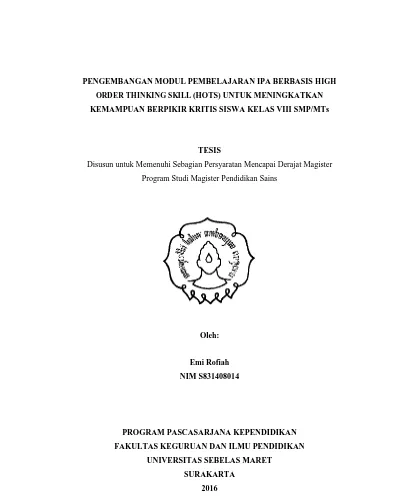 Pengembangan Modul Ipa Terpadu Untuk Smpmts Berbasis Problem Based Learning Pbl Dengan Tema Fotosintesis Untuk Meningkatkan Kemampuan Berpikir Kritis Tesis Disusun Untuk Memenuhi Persyaratan Mencapai Derajat Magister Program Studi Pendidikan Sains