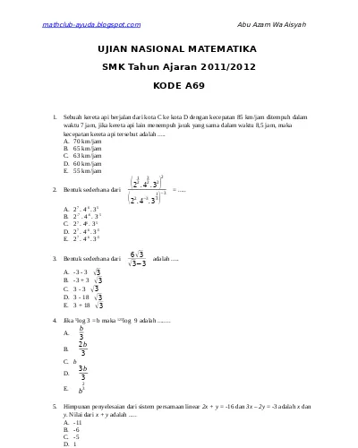 Top Pdf Soal Soal Un Matematika Smk Teknik Kesehatan Dan Pertanian Bank Soal Sekolah 123dok Com