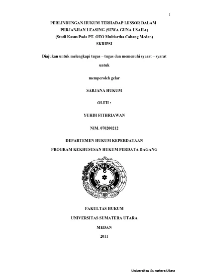 Perlindungan Hukum Terhadap Lessor Dalam Perjanjian Leasing Sewa Guna Usaha Studi Kasus Pada Pt Oto Multiartha Cabang Medan