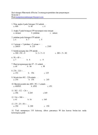 Top Pdf Soal Ulangan Matematik Sd Kelas 2 Tentang Penjumlahan Dan Pengurangan 123dok Com