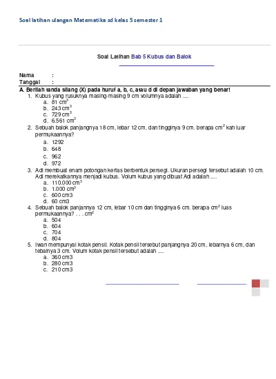 Soal Latihan Ulangan Matematika Sd Kelas