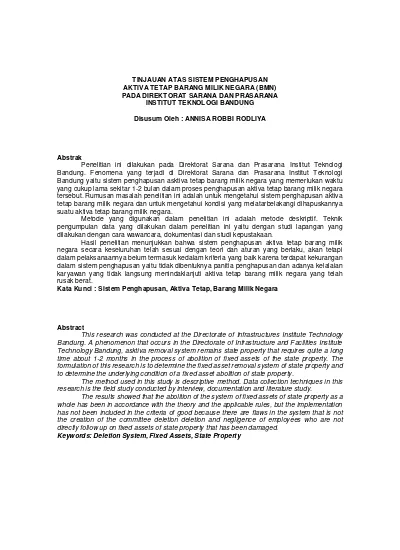 Tinjauan Atas Sistem Penghapusan Aktiva Tetap Barang Milik Negara Bmn Pada Direktorat Sarana Dan Prasaranan Institut Teknologi Bandung