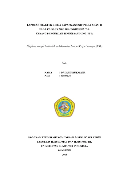 Laporan Praktek Kerja Lapangan Unit Pelayanan Ii Pt Bni Tbk Cabang Ptb Bandung