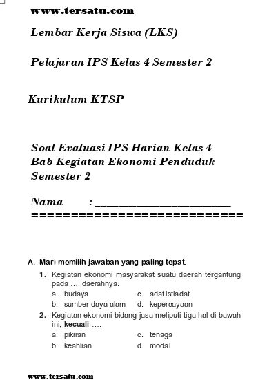 Soal Evaluasi Ips Harian Kelas 4 Bab Kegiatan Ekonomi Penduduk Semester 2